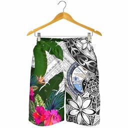 Marshall Islands Men Short White - Turtle Plumeria Banana Leaf Crest