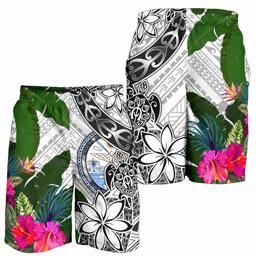 Marshall Islands Men Short White - Turtle Plumeria Banana Leaf Crest