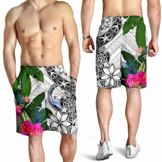Marshall Islands Men Short White - Turtle Plumeria Banana Leaf Crest