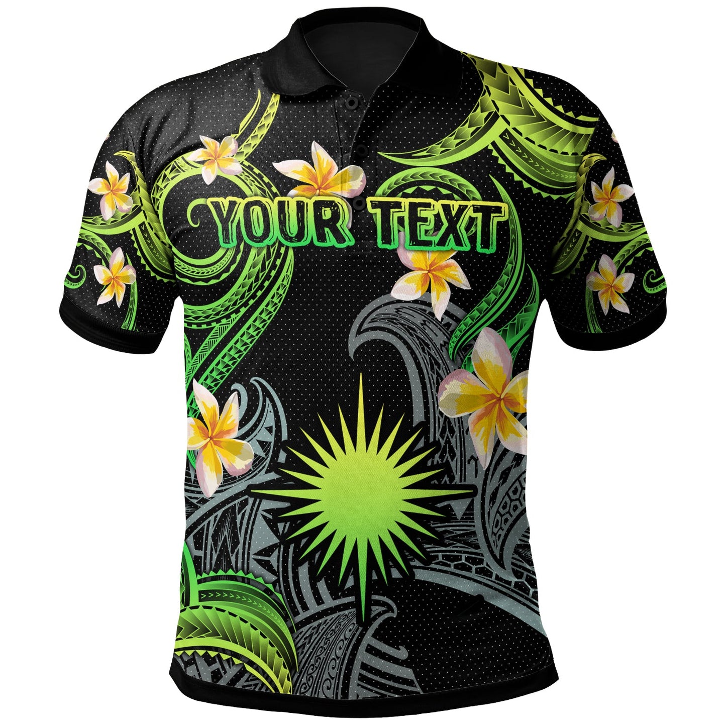 Marshall Islands Polo Shirt - Custom Personalised Polynesian Waves with Plumeria Flowers (Green)