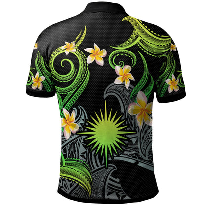 Marshall Islands Polo Shirt - Custom Personalised Polynesian Waves with Plumeria Flowers (Green)