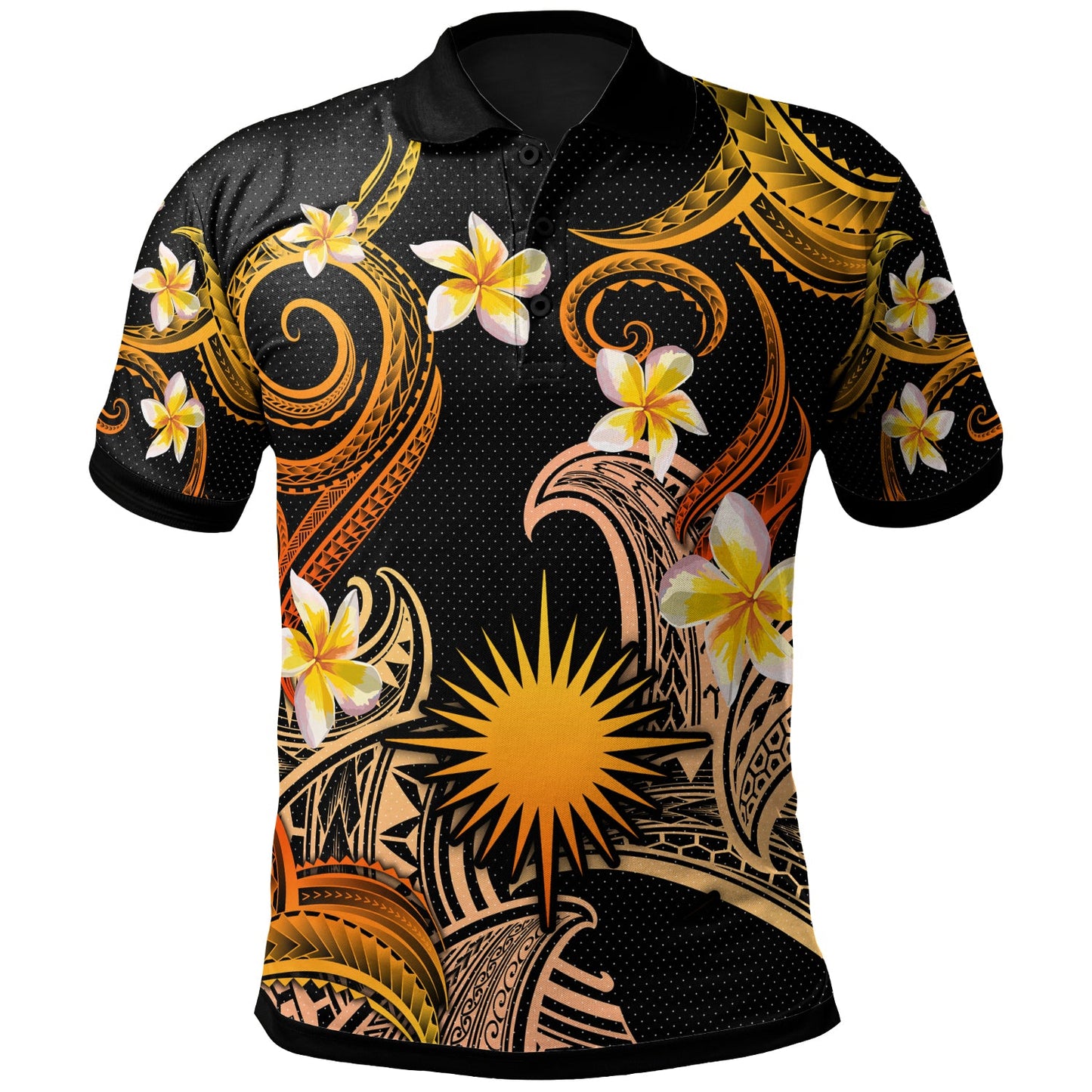 Marshall Islands Polo Shirt - Custom Personalised Polynesian Waves with Plumeria Flowers (Orange)