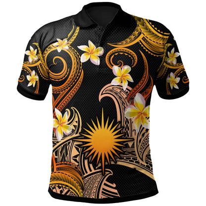 Marshall Islands Polo Shirt - Custom Personalised Polynesian Waves with Plumeria Flowers (Orange)