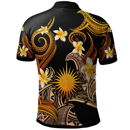 Marshall Islands Polo Shirt - Custom Personalised Polynesian Waves with Plumeria Flowers (Orange)