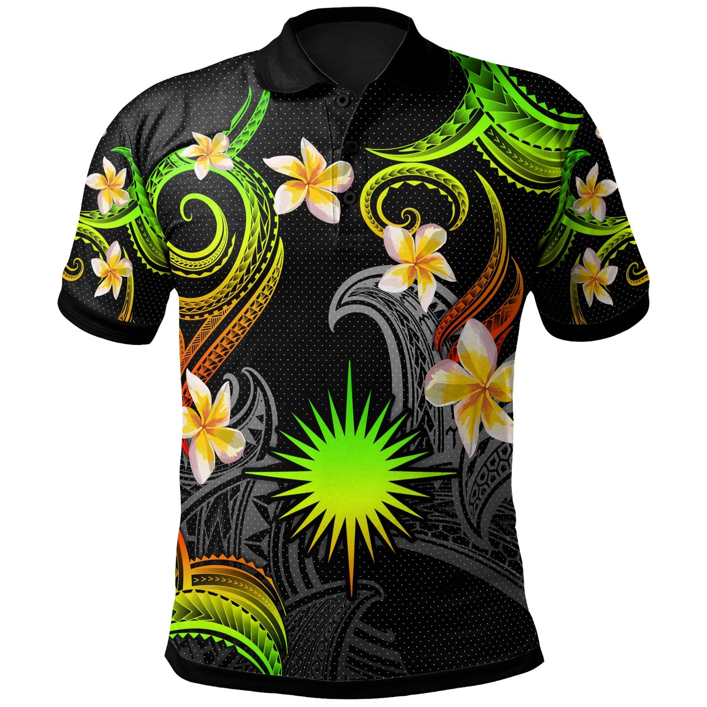 Marshall Islands Polo Shirt - Custom Personalised Polynesian Waves with Plumeria Flowers (Reggae)