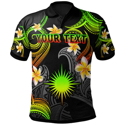 Marshall Islands Polo Shirt - Custom Personalised Polynesian Waves with Plumeria Flowers (Reggae)