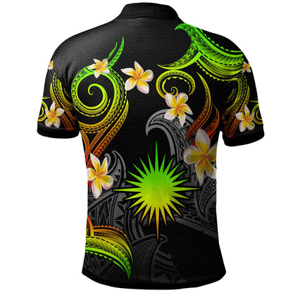 Marshall Islands Polo Shirt - Custom Personalised Polynesian Waves with Plumeria Flowers (Reggae)