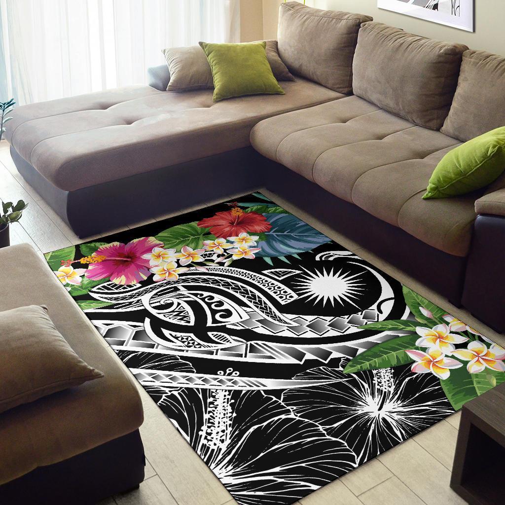 Marshall Islandss Polynesian Area Rug - Summer Plumeria (Black)