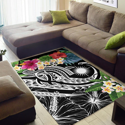 Marshall Islandss Polynesian Area Rug - Summer Plumeria (Black)