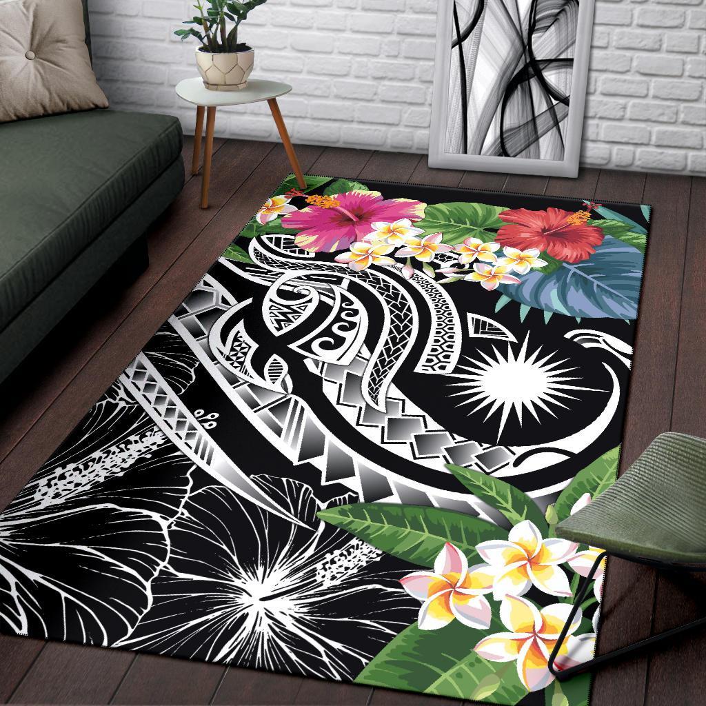 Marshall Islandss Polynesian Area Rug - Summer Plumeria (Black)