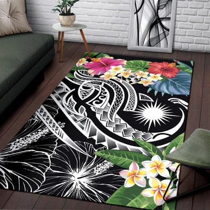 Marshall Islandss Polynesian Area Rug - Summer Plumeria (Black)