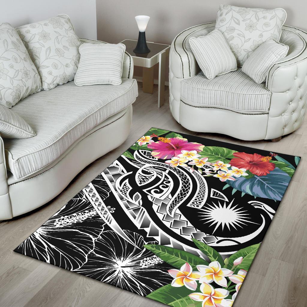 Marshall Islandss Polynesian Area Rug - Summer Plumeria (Black)