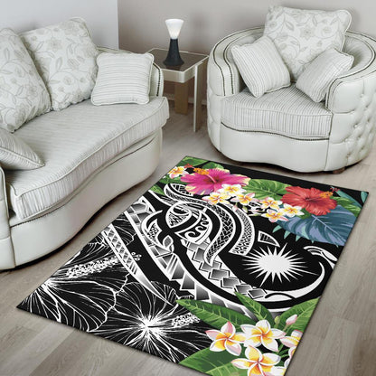 Marshall Islandss Polynesian Area Rug - Summer Plumeria (Black)