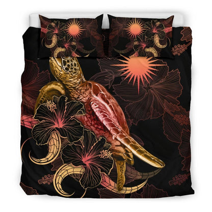 Marshall Islands Polynesian Bedding Set - Turtle With Blooming Hibiscus Gold