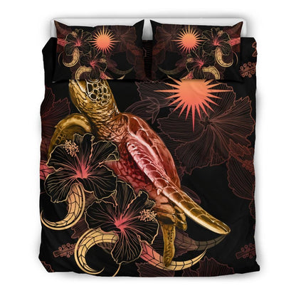 Marshall Islands Polynesian Bedding Set - Turtle With Blooming Hibiscus Gold