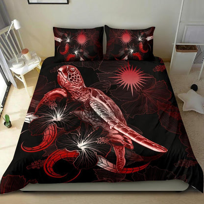 Marshall Islands Polynesian Bedding Set - Turtle With Blooming Hibiscus Red