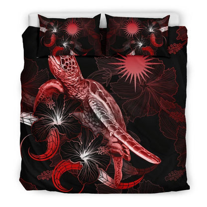 Marshall Islands Polynesian Bedding Set - Turtle With Blooming Hibiscus Red
