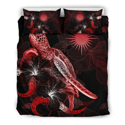 Marshall Islands Polynesian Bedding Set - Turtle With Blooming Hibiscus Red