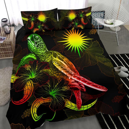 Marshall Islands Polynesian Bedding Set - Turtle With Blooming Hibiscus Reggae