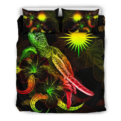 Marshall Islands Polynesian Bedding Set - Turtle With Blooming Hibiscus Reggae