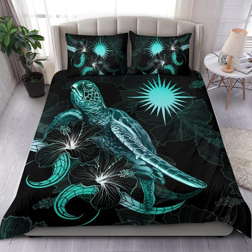 Marshall Islands Polynesian Bedding Set - Turtle With Blooming Hibiscus Turquoise