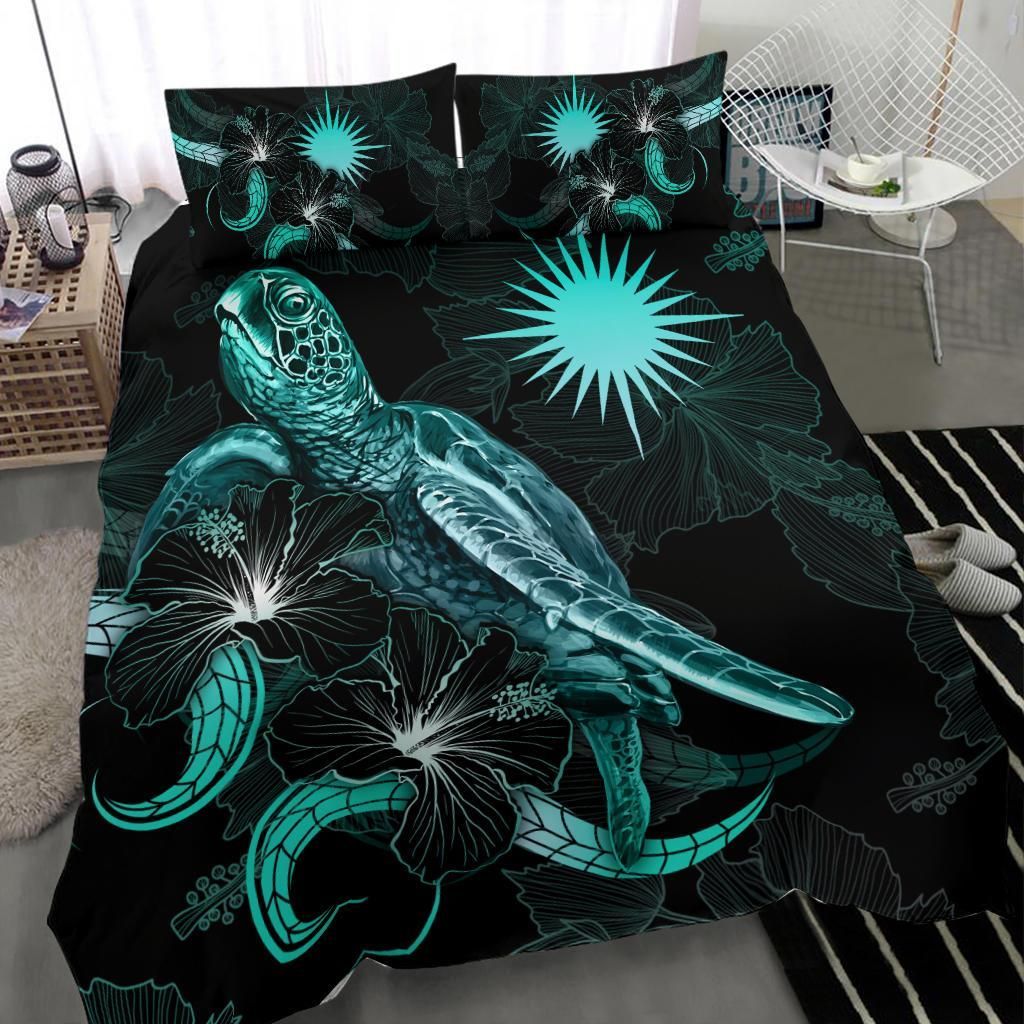Marshall Islands Polynesian Bedding Set - Turtle With Blooming Hibiscus Turquoise