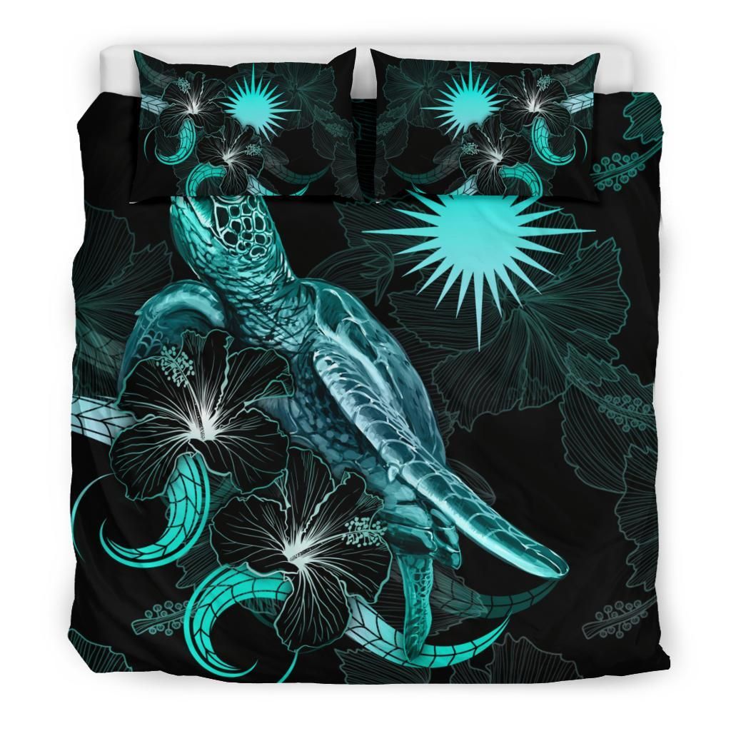 Marshall Islands Polynesian Bedding Set - Turtle With Blooming Hibiscus Turquoise