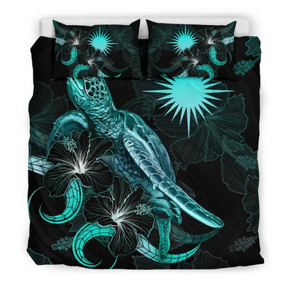Marshall Islands Polynesian Bedding Set - Turtle With Blooming Hibiscus Turquoise