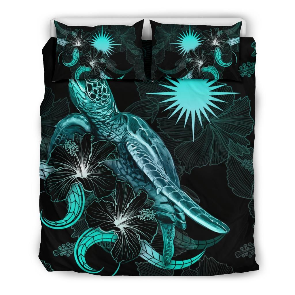 Marshall Islands Polynesian Bedding Set - Turtle With Blooming Hibiscus Turquoise