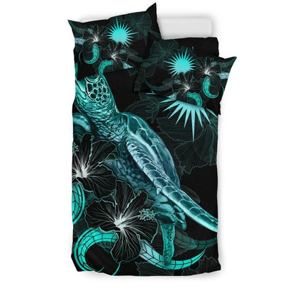 Marshall Islands Polynesian Bedding Set - Turtle With Blooming Hibiscus Turquoise