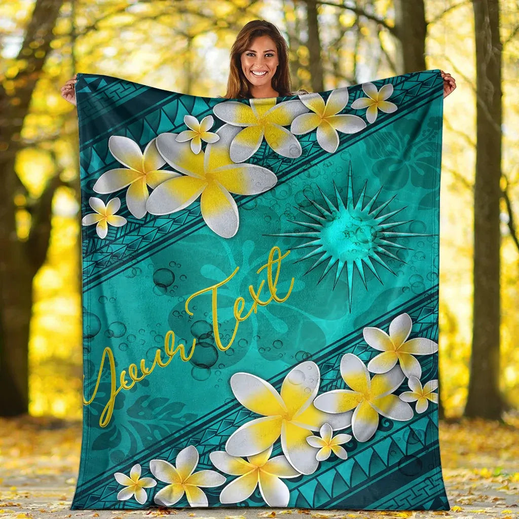 Marshall Islands Polynesian Custom Personalised Blanket - Plumeria With Blue Ocean