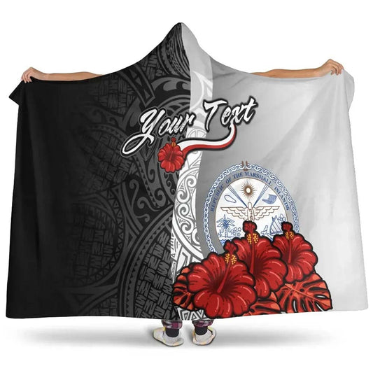 Marshall Islands Polynesian Custom Personalised Hooded Blanket- Coat Of Arm With Hibiscus White