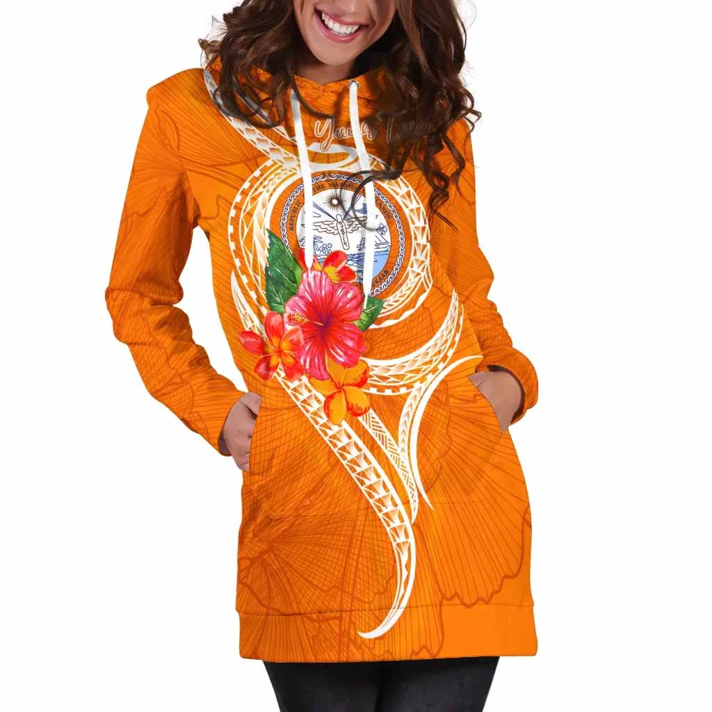 Marshall Islands Polynesian Custom Personalised Hoodie Dress - Orange Floral With Seal