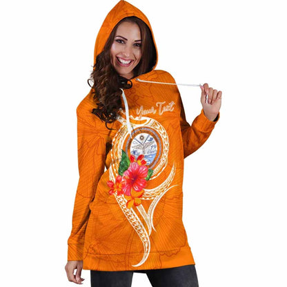 Marshall Islands Polynesian Custom Personalised Hoodie Dress - Orange Floral With Seal