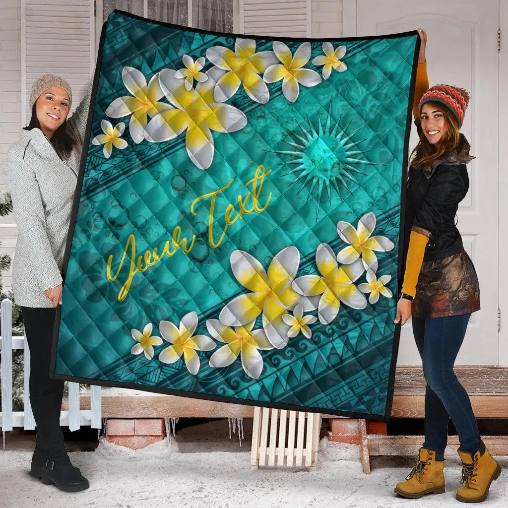 Marshall Islands Polynesian Custom Personalised Quilt - Plumeria With Blue Ocean