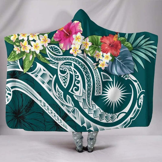 Marshall Islands Polynesian Hooded Blanket - Summer Plumeria (Turquoise)