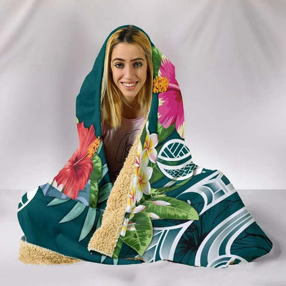 Marshall Islands Polynesian Hooded Blanket - Summer Plumeria (Turquoise)