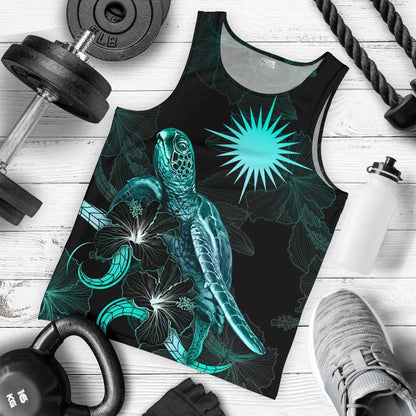 Marshall Islands Polynesian Men Tank Top - Turtle With Blooming Hibiscus Tuquoise
