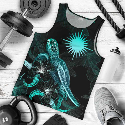 Marshall Islands Polynesian Men Tank Top - Turtle With Blooming Hibiscus Tuquoise