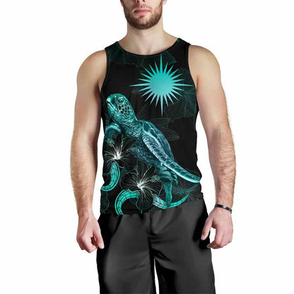 Marshall Islands Polynesian Men Tank Top - Turtle With Blooming Hibiscus Tuquoise