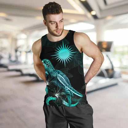 Marshall Islands Polynesian Men Tank Top - Turtle With Blooming Hibiscus Tuquoise