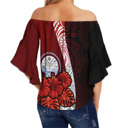 Marshall Islands Polynesian Off Shoulder Wrap Waist Top - Hibiscus With Seal
