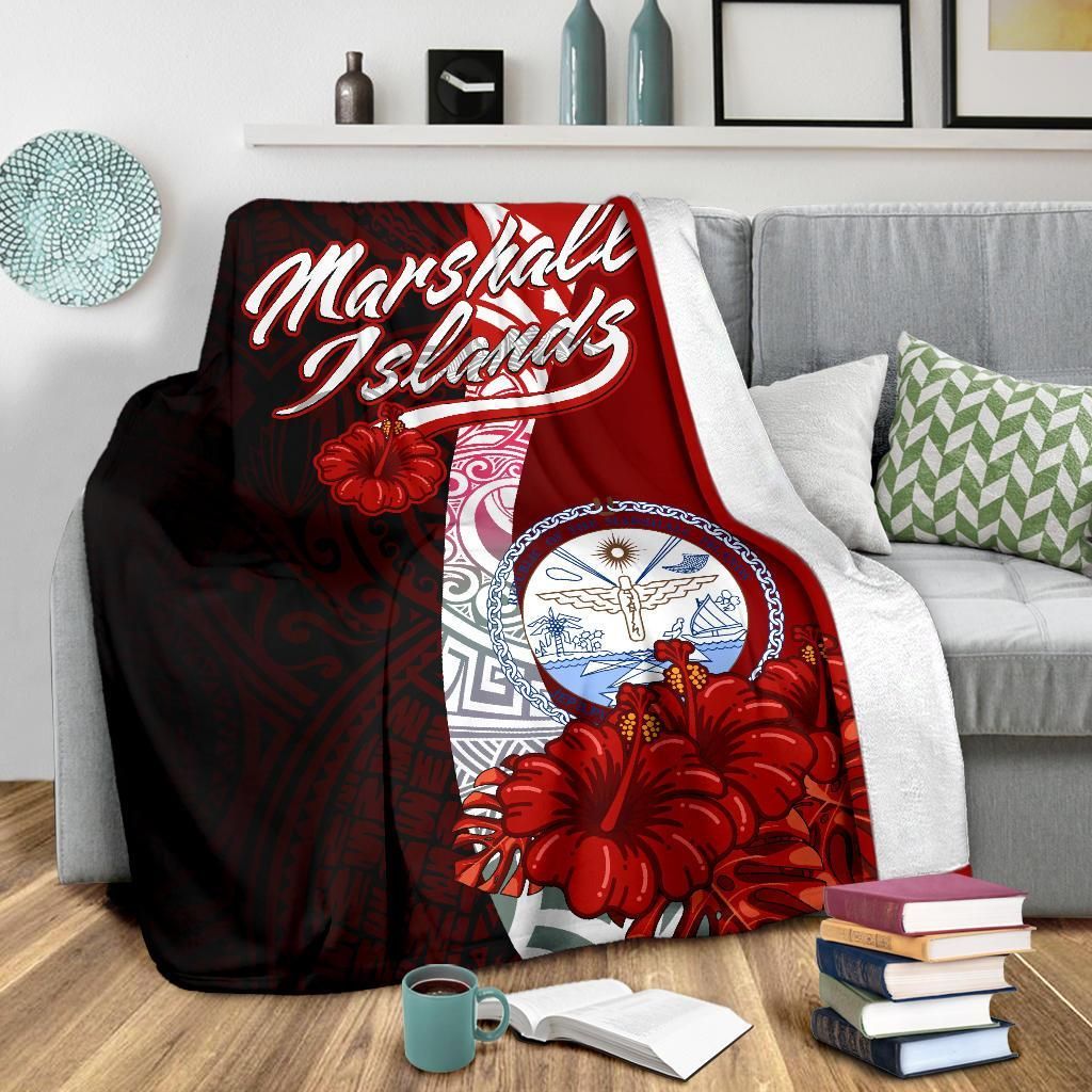 Marshall Islands Polynesian Premium Blanket - Coat Of Arm With Hibiscus