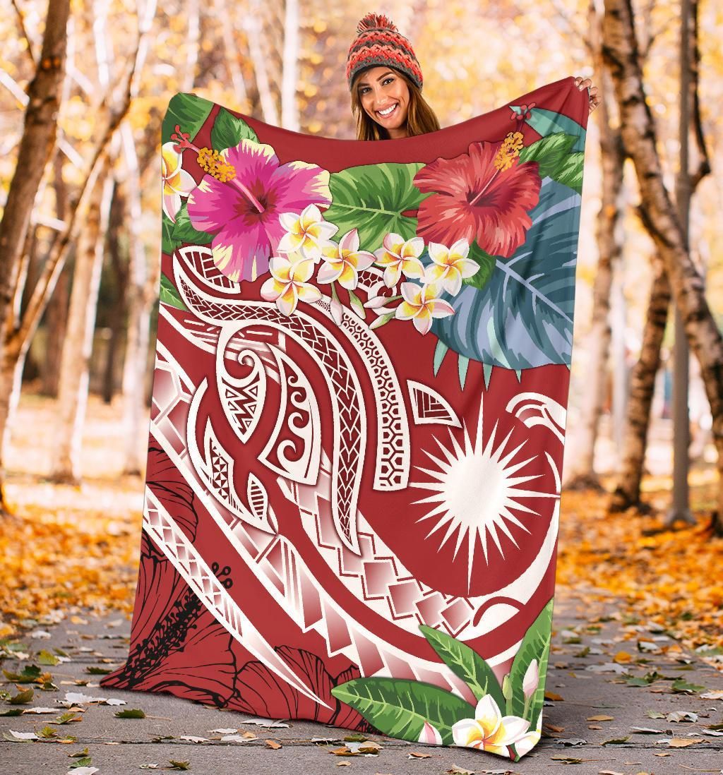 Marshall Islands Polynesian Premium Blanket - Summer Plumeria (Red)