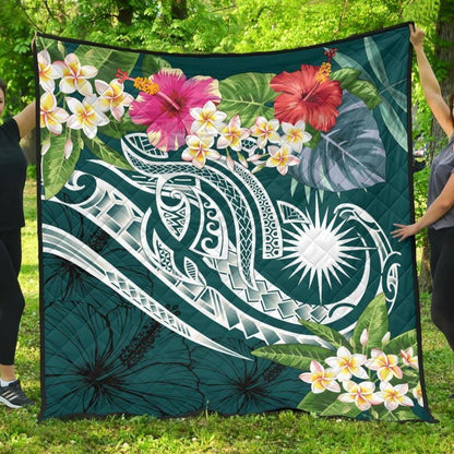 Marshall Islands Polynesian Premium Quilt - Summer Plumeria (Turquoise)