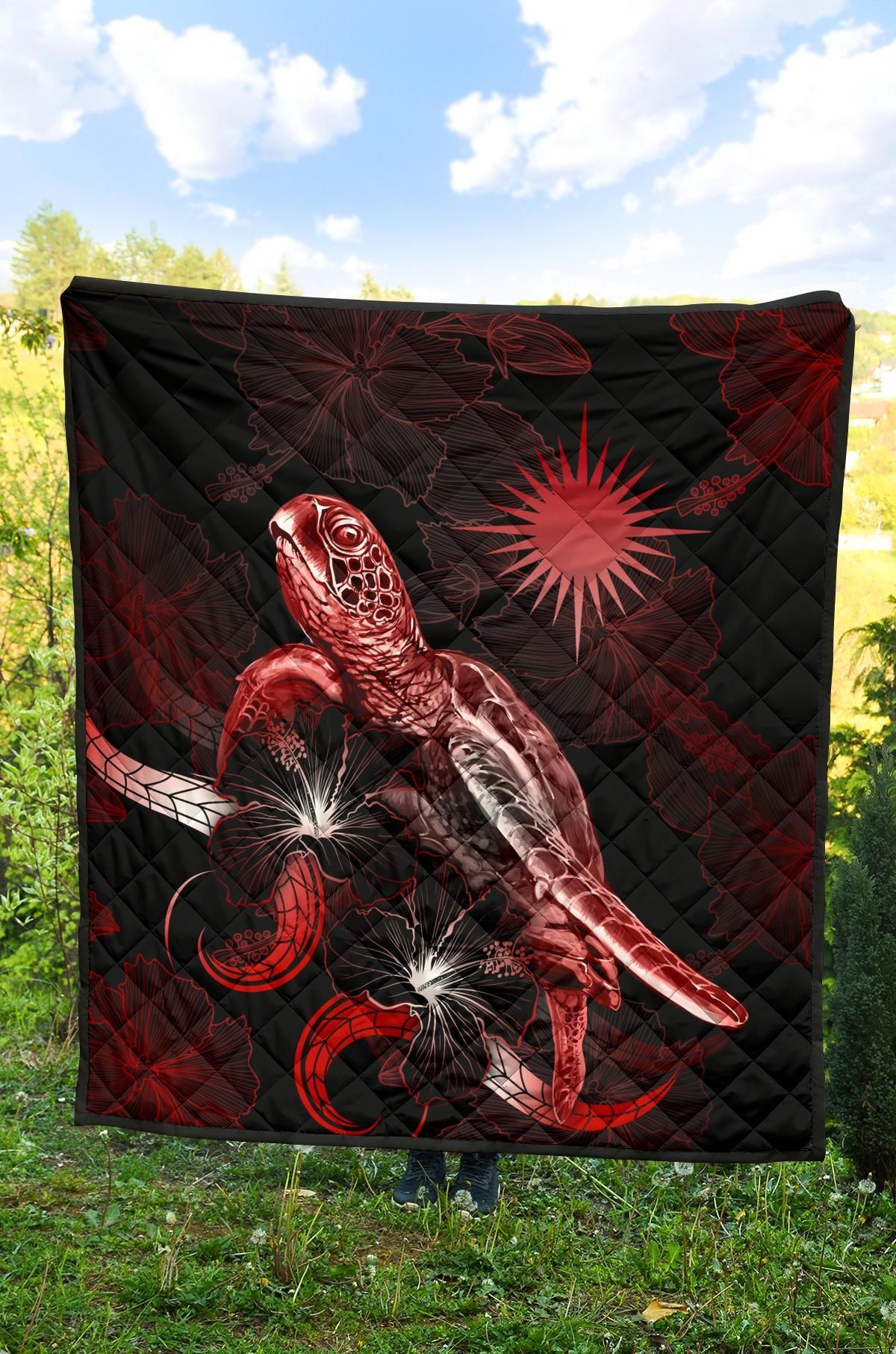 Marshall Islands Polynesian Premium Quilt - Turtle With Blooming Hibiscus Red
