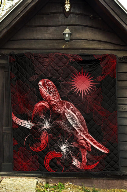 Marshall Islands Polynesian Premium Quilt - Turtle With Blooming Hibiscus Red