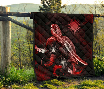 Marshall Islands Polynesian Premium Quilt - Turtle With Blooming Hibiscus Red