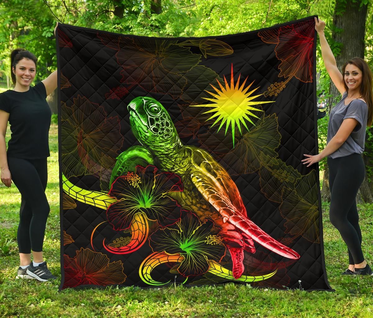Marshall Islands Polynesian Premium Quilt - Turtle With Blooming Hibiscus Reggae