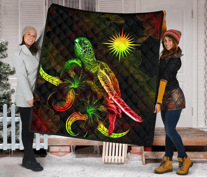 Marshall Islands Polynesian Premium Quilt - Turtle With Blooming Hibiscus Reggae
